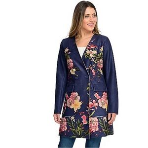 Solitaire Double Breasted Long Jacket 3X Navy Blue Floral
